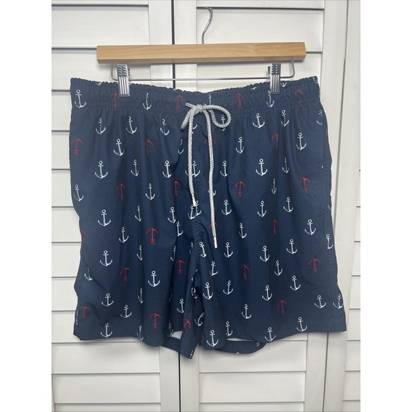 Rainforest Ships Ahoy Anchor Print Swim Trunks Men's Size XL Navy, Red & White - Picture 1 of 8